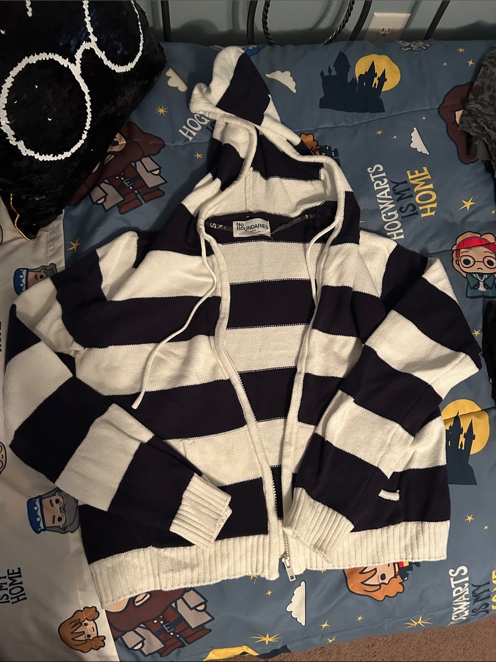 No Boundaries Navy & White Striped Hooded Zip Sweater